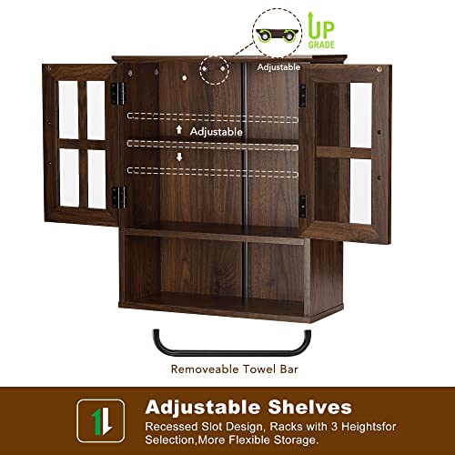 Rustown Wood Wall Storage Cabinet With Cross Glass Doors, Farmhouse Wall Mounted Cabinet, 3 Tier Rustic Bathroom Cabinet With Adjustable Shelves And Towel Bar For Bathroom, Living Room, Dark Walnut #TOP5