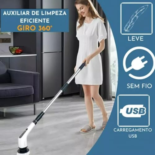 Escova de Limpeza Elétrica 360º Recarregável Multiuso 9 em 1 MOP Automático para Limpeza Profunda de