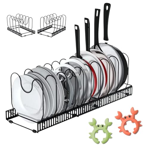 ELISPACES Organizador de Sartenes y Ollas Extensible con 10 Separadores + 2 Clips de Silicona Antiderrame - Soporte de Espátula | Soporte Ajustable para Almacenaje de Tapas, Ollas, Sartenes, Platos…
