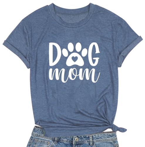 Dog Mom Tshirts Women Dog Paw Printed Mom Shirt Casual Short Sleeve Tee Tops Blue