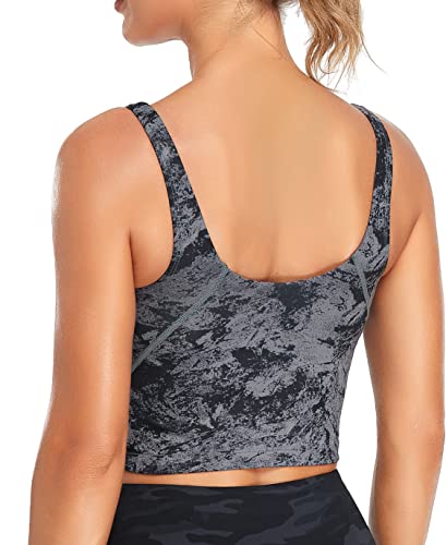 Image of Oalka Sports Bra Womens Longline Padded Crop Yoga Tank Tops | Built in Bras, Workout, Athletic, Fitness, Super Soft, Comfort, Cropped Top, Removable Pads, Heart Neckline For Women
