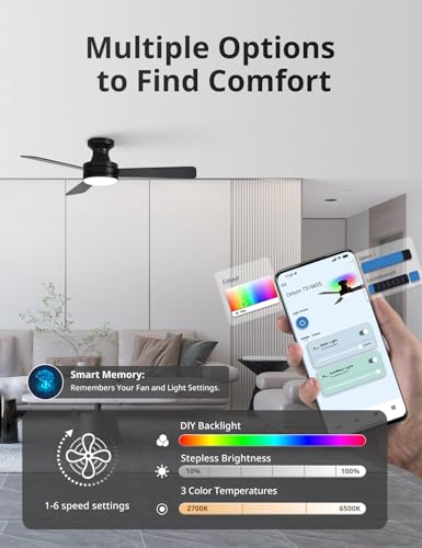 Image of Orison Smart Ceiling Fans with Lights - 42 inch Low Profile Flush Mount, RGB Backlight & Dimmable LED, Alexa & Google Compatible, 6-Speed Reversible, App & Remote Control, Quiet & Energy Saving, Black