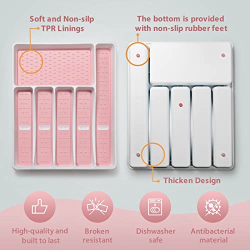 Joequality Silverware Organizer With Icons，Plastic Cutlery Silverware Tray For Drawer，Utensil Flatware Organizer For Kitchen With Non-Slip Tpr,Fits Oversized Drawer,6-Compartment,Pink #TOP5