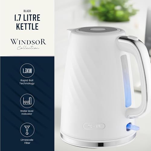 Image of Tower Premium Windsor Electric Kettle 1.7L, 1350W | Strix Controller, Rapid Boil in 45 Seconds, Auto Shut-Off, Boil-Dry Protection, 360 Power Base, Water Level Indicator, 2.5 Year Warranty (White)