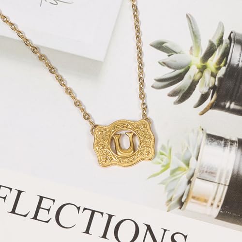 14K Gold Belt Buckle Necklace Western Style Initial Letter Pendant Necklace, Decorative Belt Buckle Frame Design