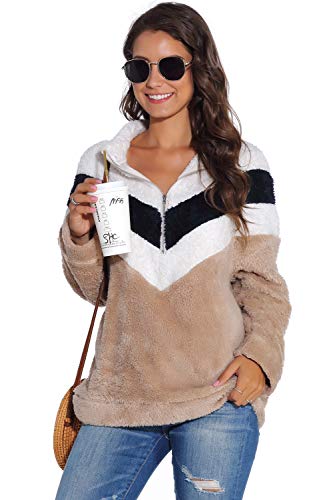 Women Fuzzy Coat Fleece Long Sleeve Zipper Color Block Pullover Sweatshirt Sherpa Jacket Brown M