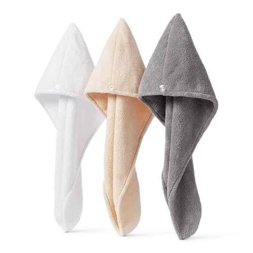 Amazon Basics Toalla de Microfibra de Secado Rápido para Secar el Pelo, Blanca/Beige/Gris, Paquete de 3