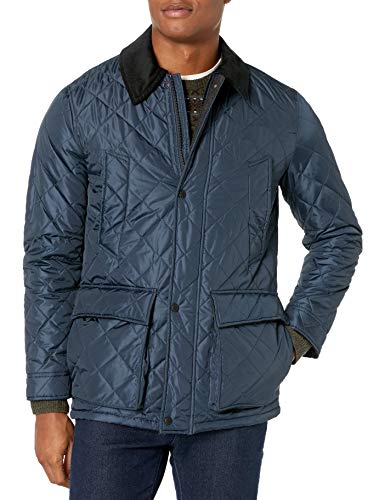 Cole Haan Men's Quilted Nylon Barn Jacket with Corduroy Details, Navy, XX-Large