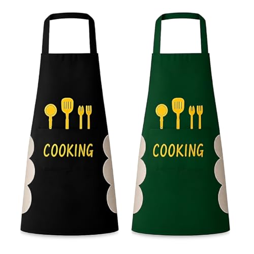CARTBLISS Waterproof Kitchen Apron for Women & Men | Premium Cotton Canvas Cross Back Apron with Pockets | Adjustable Cooking Apron for Kitchen, Baking, Dishwashing, Cafe & Home Use (BLACK GREEN)