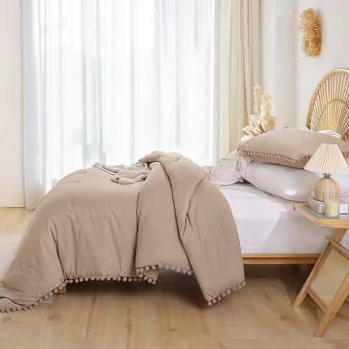 YIRDDEO King Size Comforter Set - King Size Comforter with Ball Pom Fringe, Soft King Bedding Set for All Seasons - 3 Pieces, 1 Comforter (104"x90"inches) & 2 Pillow Shams(20"x36"), Taupe