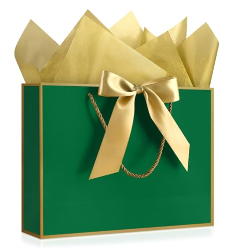 Image of JMANNI Gift Bags with Handles, 13 inch Medium Gift Bag for Presents, 1 Pcs Bags with 2 Tissue Paper and 1 Cards for Baby Shower Wedding Bridal Shower Mother's Day Birthday Party (DarkGreen-Gold