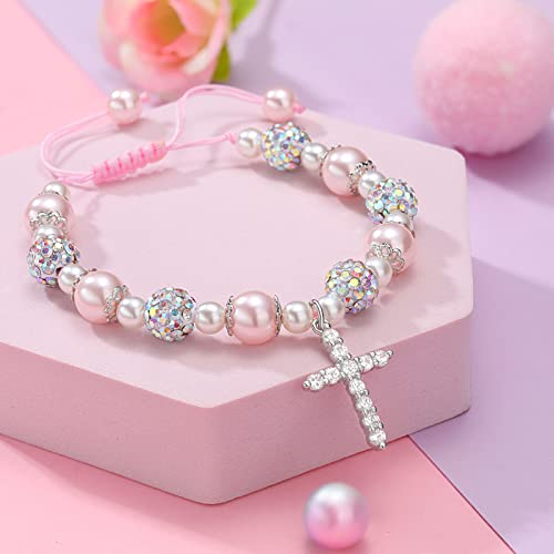 UNGENT THEM Pink Pearl and Rhinestone Bracelet First Communion Gifts Baptism Gifts for Girls4