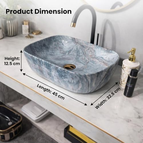 Image of Ceramic Tabletop Wash Basin - Glossy Rectangular Countertop Vessel Sink with Marble Finish for Bathroom & Vanity | Compact 18 x 13 x 5 Inch | Elegant Washbasin