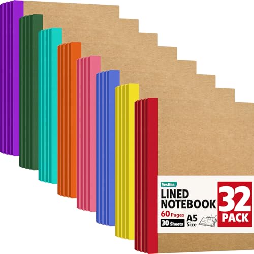 32 Pack Composition Notebooks Bulk A5 Kraft Cover Lined Journaling Notebooks 8.3x 5.5 Travel Notebook for School Office Students Artists 8 Colors 60 Pages