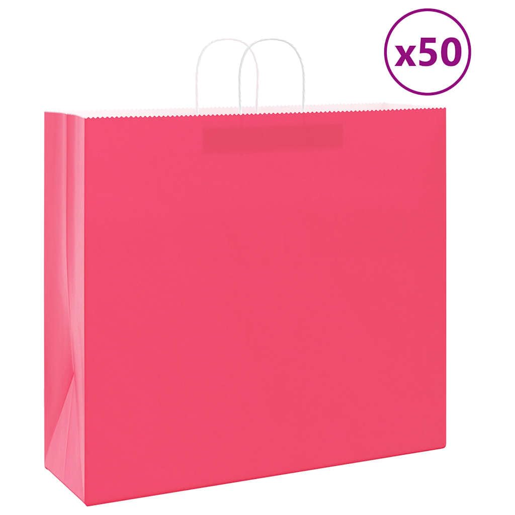 50 szt. papierowe torby na zakupy różowe 54 x 15 x 49 cm z uchwytami, torebki na prezenty z papieru typu kraftowego na zakupy i transport