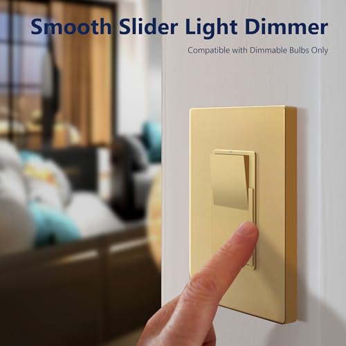 Image of LIDER Dimmer Paddle Switch for Dimmable 300W LED /CFL Lights, 1-Pole or 3-Way, 120 V, Modern Upgrade, Screwless Wall Plate Included, UL Listed, Thermoplastic, Matte Gold, 1-Pack