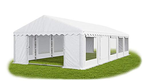 Das Company Partyzelt 5x10m Lagerzelt Universalzelt Pavillon mit Moskitonetz weiß mit Bodenrahmen und Dachverstärkung Zelt 240g/m² PE Plane wasserdicht hochwertig Gartenzelt Summer Plus IPEM