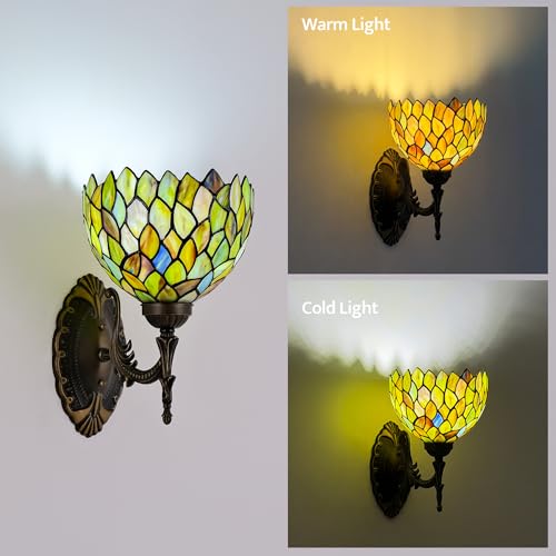 Image of Tiffany Wall Sconce Hand-Weld Stained Glass Bedside Lamp with Classic 8 Inches Wisteria Green Lampshade for Bedroom Hallway Living Room Home Office