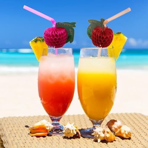 Image of Decorative Drinking Straws with Tropical Fruit and Umbrella Picks, Bendable Cocktail Straws for Party (Multicolor Fruit Theme Straw, Pack of 50pcs)