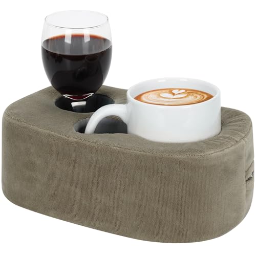 G GOOD GAIN Couch Cup Holder Pillow - Sofa & Bed Organizer Caddy for Drinks, Phones, Remotes, Snacks | Portable Tray for Car, Boat, RV, Picnic,Lightbrown