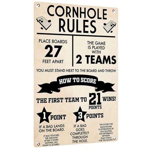 Vintage Cornhole Rules Poster 8X12 Inch Aluminum Metal Sign, For Game Room Backyard Patio Bar Cafe Wall Decor, Lovers