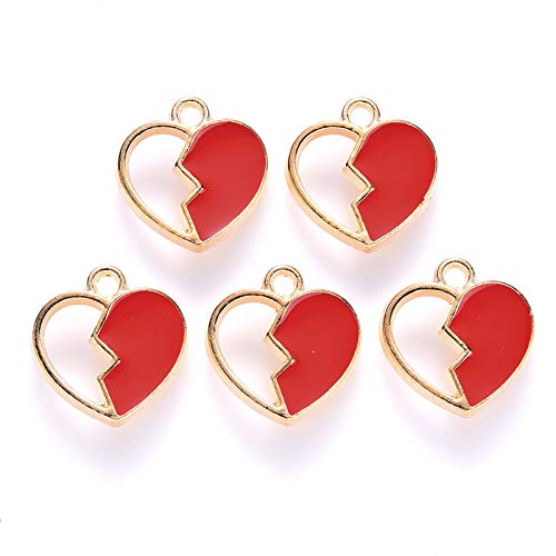 Craftdady 100Pcs Red Enamel Broken Heart Charms Gold Plated Alloy Split Heart Dangle Pendants for Jewelry Necklace Earring Bracelet Craft