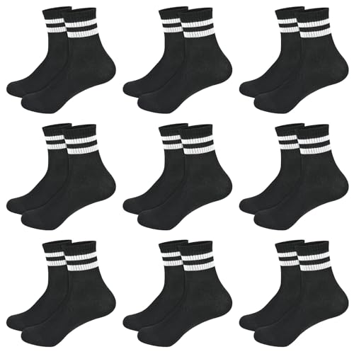 KOOOGEAR 9 Pairs Kids Socks Boys Girls Socks Junior Crew Cotton School Sports Sock White Black Grey Striped Athletic Casual Stretchy Sock 3-12 Years