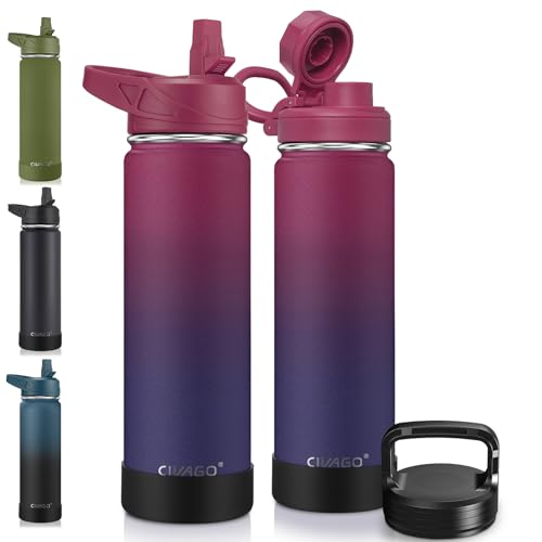 Image of CIVAGO 22 oz Insulated Water Bottle With Straw, Stainless Steel Sports Water Flask Cup with 3 Lids (Straw, Portable Spout and Handle Lid), Double Walled Travel Thermal Canteen Mug, Dark Rainbow