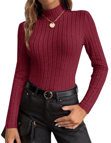 Ekouaer Women's Mock Turtleneck Long Sleeve Shirts Fall Ribbed Tops ...