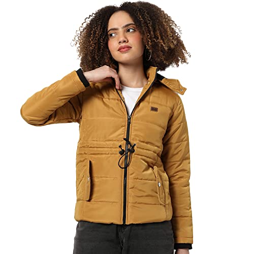 Image of Campus Sutra Women Mustard Hooded Puffer Regular Fit Bomber Jacket For Winter Wear | Standing Collar | Full Sleeve | Zipper | Casual Jacket For Woman & Girl | Western Stylish Jacket For Women