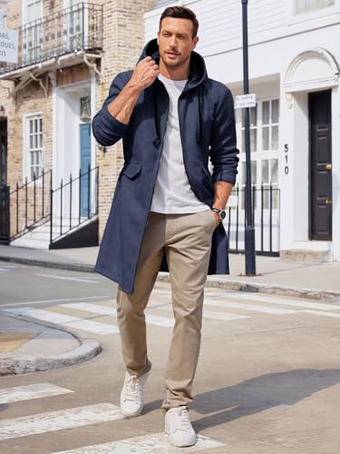 Image of ZIWOCH Mens Trench Coat Wool Blend Hoodie Long Jacket Full Zip Winter Classic Business Overcoat