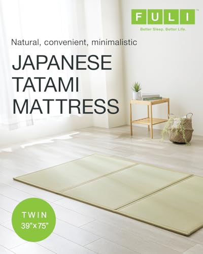 Image of FULI Japanese Tatami Mattress, Foldable Igusa Rush Grass, Natural, Twin