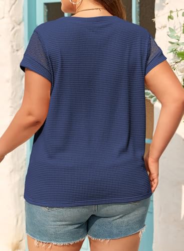 Image of Eytino Plus Size Tops for Women Waffle Knit T-Shirts Round Neck Short Sleeve Casual Loose Basic Tee Blouses(1X-5X)