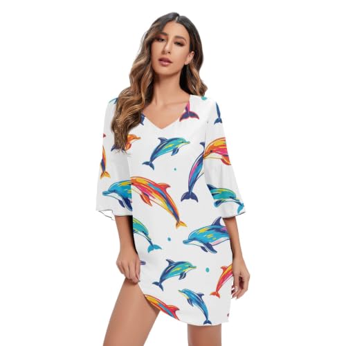 Vestido de gasa premium con cuello en V y delicado diseño de delfín vívido
