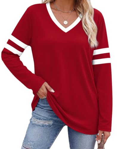 OFEEFAN Womens Tops Long Sleeve Shirts V Neck Red Top Fall Outfits 2026 L