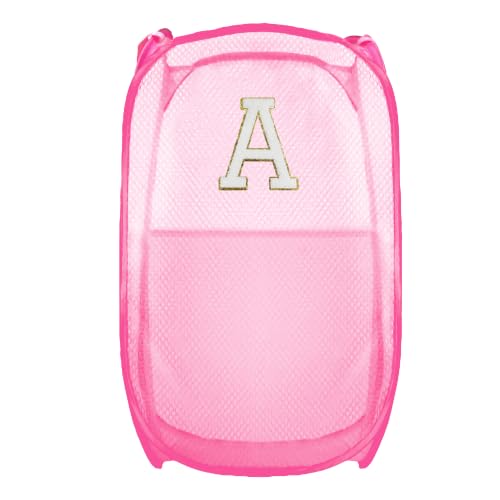 Image of Collapsible Pop Up Laundry Hamper, Extra Large with Removable Initial Letter A, Mesh Foldable Laundry Basket, 28 inch x 16 inch x 16 inch (Pink)