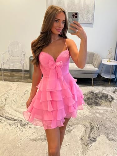Women’s Chiffon Tiered Ruffles Hmecoming Dresses 2025 Spaghetti Straps A-Line Short Formal Ball Gown KN0494