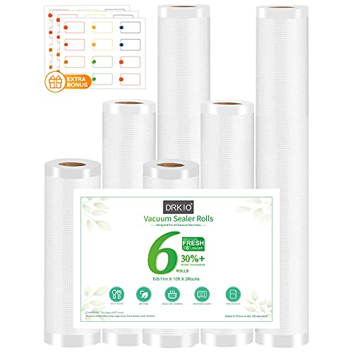 Vacuum Sealer Bags Rolls - DRKIO 6 Pack Heavy Duty Vac Seal Bags for Food Saver 2 Rolls 6"x10' and 2 Rolls 8"x10' and 2 Rolls 11"x10' Commercial Grade BPA Free Great for Sous Vide & Freezer Storage