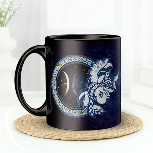 Image of Pisces Zodiac Coffee Mug - Black Ceramic Astrology Horoscope Tea Cup with Inspirational Quotes - Birthday Gift for Pisces Sign Friends, Family & Astrology Lovers