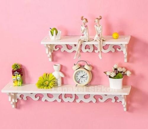 Image of Beautiful Wooden Shabby Chic Style Floating Wall Shelves | Bookshelf | Wall Mounted Decorative Display Shelf |Wall Brackets for Living Room (Set of 2 (White))