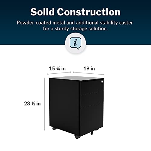 Image of Vari Essential File Cabinet - Home Office Filing Cabinet with Three Drawers for Storage - Metal Storage Cabinet with Roll-and-Lock Caster Wheels & Lockable Top Drawer - Fully Assembled (Black)