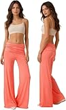 Fold Over Pants Coral Damen - Weite Lounge Yoga Hose mit Raffung, Loose Fit Uni Corals Pants Korallfarbene Faltenhose, Weite Palazzo Hose mit Hohem Umschlagbund 2026