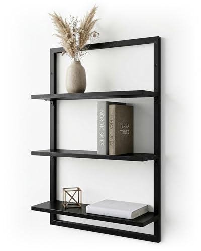 LAYVL HOME® Wandregal Bambus mit schwarzen Metallrahmen, 75x50x15cm, hängendes Regal mit modernem Design, Metall Holz Wand Schweberegal, Regalwand Möbel für Wohnzimmer Küche und Bad (Schwarz)