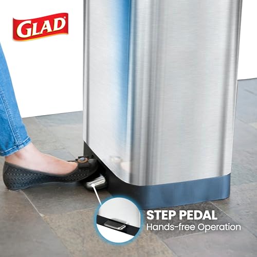 Image of Glad GLD-74506 Stainless Steel Step Trash Can with Clorox Odor Protection | Large Metal Kitchen Garbage Bin with Soft Close Lid, Foot Pedal and Waste Bag Roll Holder, 13 Gallon, Stainless