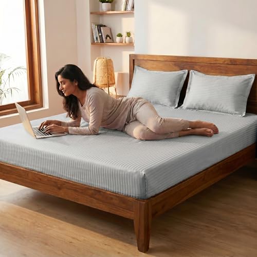 Image of Mafatlal Italian Strip Bedsheets with 2 Pillow Covers for King Size Bed | 210 TC Pure Cotton Flat Sheet Gray | 108 x 108 Inches| Everyday Comfort & Style