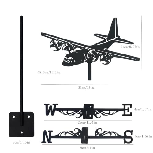 Black Metal Art Weathervane Airplane Style Wind Direction Indicator Outdoors Decorations for Garden Roof Yard Building Wind Vane (Aircraft E)
