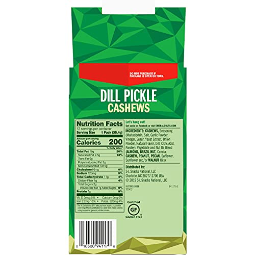 Emerald Nuts Dill Pickle Seasoned Cashews 12 Ct (1-Pack), 1.25 Oz Individual Snack Tubes, Plant-Based Protein, Kosher Certified, Non-GMO, Contains No Artificial Preservatives, Flavors or Synthetic Colors