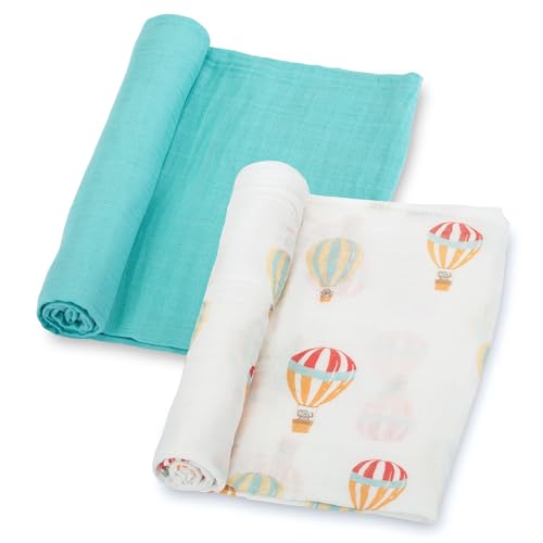Image of LollyBanks Baby Blankets 2 Pack, 100% Cotton Soft Muslin Swaddle Blanket for Boys and Girls, 47 x 47 Inches Lightweight and Breathable Newborn Receiving Blankets, Registry (Hot Ballons and Blue)