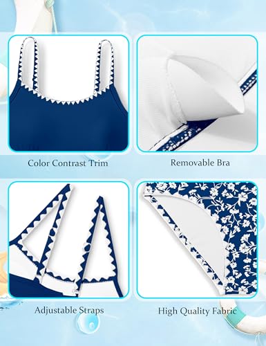Image of Girls Swimsuit Solid Color Tankini Contrast Trim Swimwear 2 Piece Bathing Suit Padded Swimsuits for Teens 9-16Y