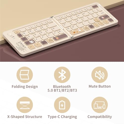 Image of jar-owl Foldable Compact Keyboard, XK04 Portable Bluetooth Keyboard, Pocket-Sized Bubble Wireless Travel Keyboards for iPad,Smartphone, Tablet and Laptop - Milk Tea Color